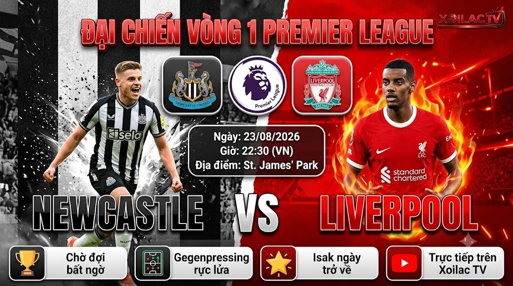 Nhận định trực tiếp trận đấu Newcastle vs Liverpool vòng 1 Ngoại Hạng Anh siêu mượt, không giật lag trên hệ thống Xoilac TV.