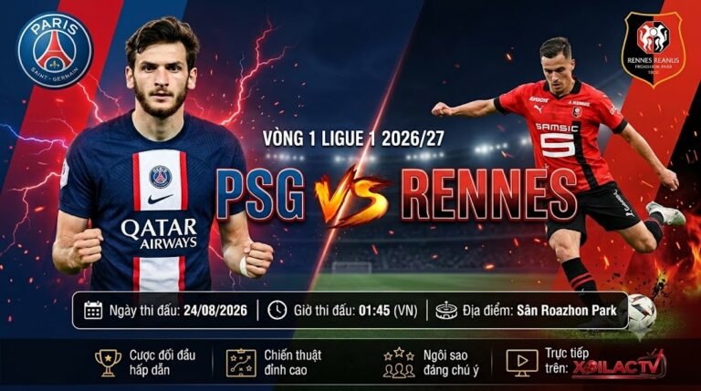 Nhận định soi kèo trận PSG vs Rennes vòng 1 Ligue 1 2026/27, xem trực tiếp bóng đá tốc độ cao trên Xoilac TV.