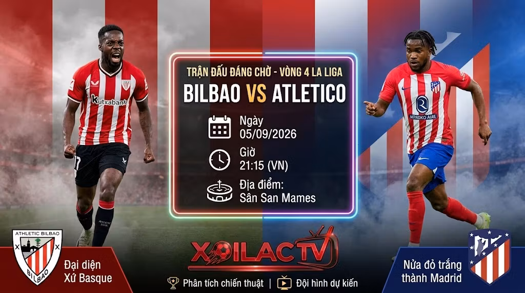 Ảnh bìa nhận định, soi kèo trận đấu Athletic Bilbao vs Atletico Madrid lúc 21h15 ngày 05/09 vòng 4 La Liga, trực tiếp bóng đá trên Xoilac TV.