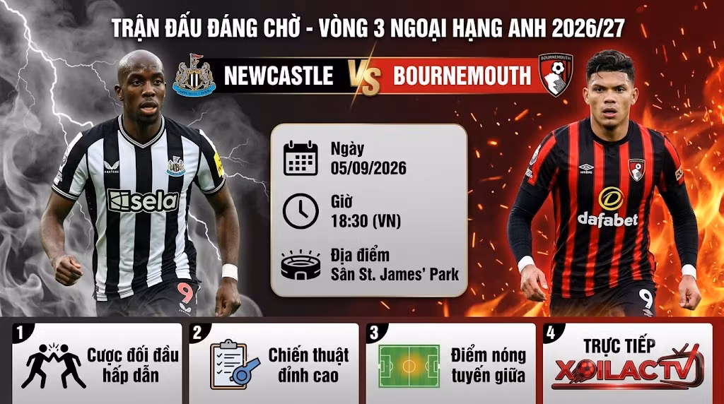 Ảnh bìa nhận định trận đấu Newcastle vs Bournemouth vòng 3 Ngoại hạng Anh trực tiếp trên Xoilac TV.